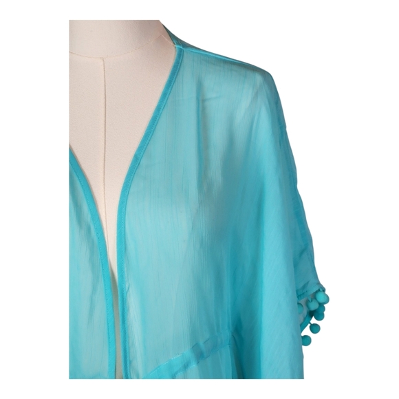 Bleu Rod Beattie Turquoise Pom Pom Trim Sheer Beach Cover Up Size S - Picture 6 of 9